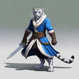 A male snow leopard tabaxi rogue with two tails, standing in a dynamic pose