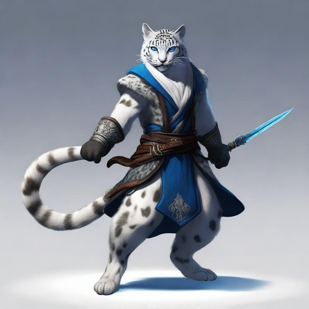 A male snow leopard tabaxi rogue with two tails, standing in a dynamic pose