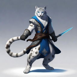 A male snow leopard tabaxi rogue with two tails, standing in a dynamic pose