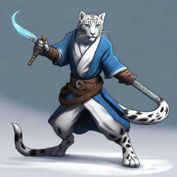 A male snow leopard tabaxi rogue with two tails, standing in a dynamic pose