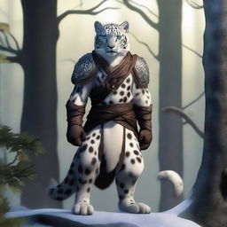 A male snow leopard tabaxi rogue with two tails, standing in a dynamic pose