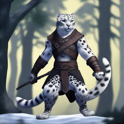 A male snow leopard tabaxi rogue with two tails, standing in a dynamic pose