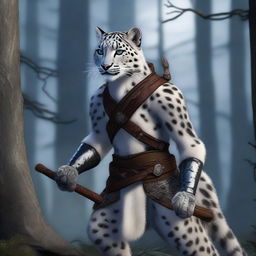 A male snow leopard tabaxi rogue with two tails, standing in a dynamic pose