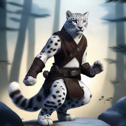 A male snow leopard tabaxi rogue with two tails, standing in a dynamic pose