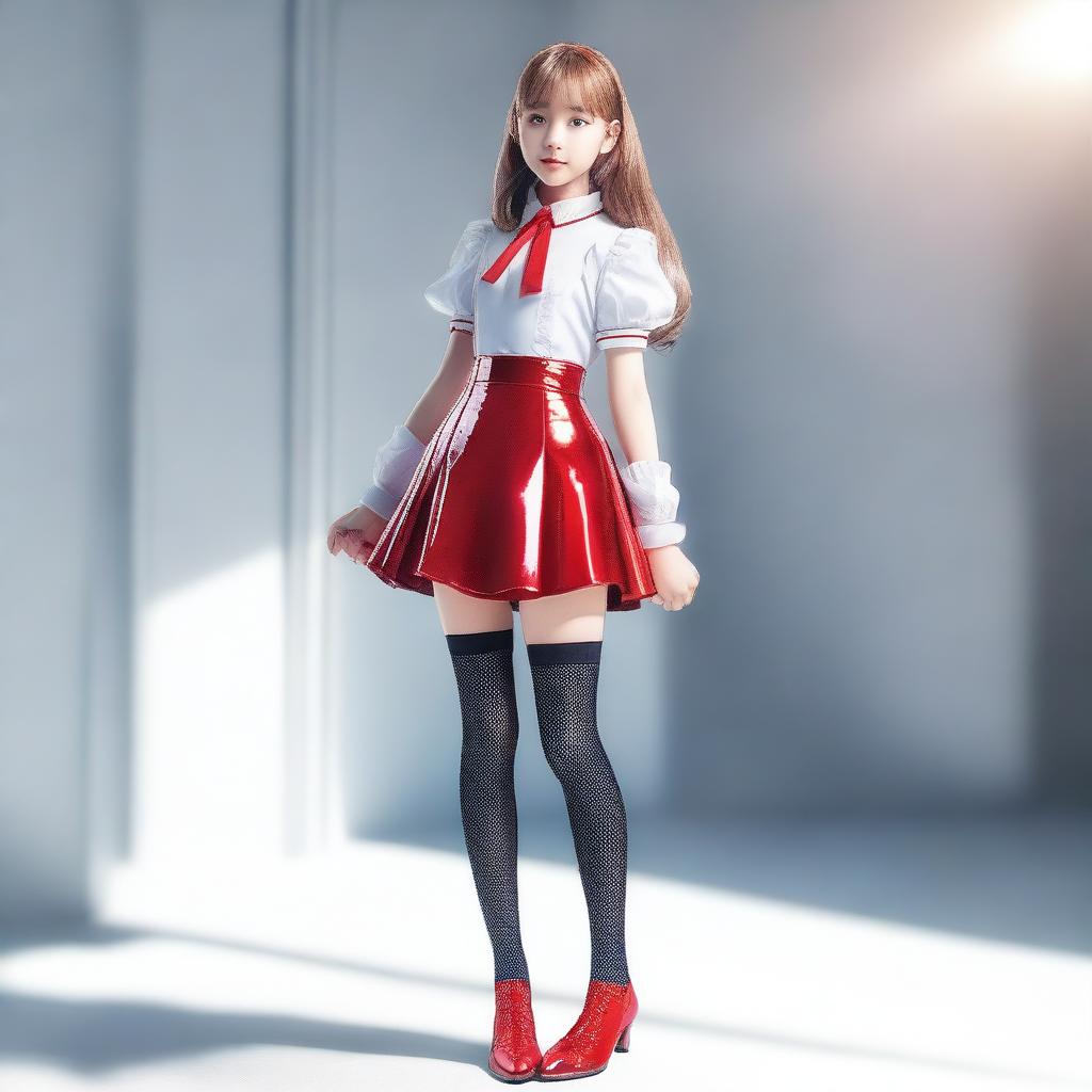 A girl wearing a shiny stocking with a skirt