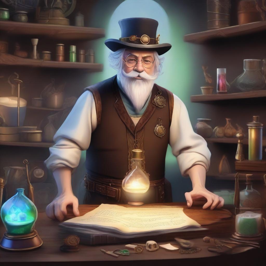 A fantasy inventor in a mystical workshop filled with magical artifacts, strange gadgets, and glowing potions