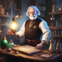 A fantasy inventor in a mystical workshop filled with magical artifacts, strange gadgets, and glowing potions