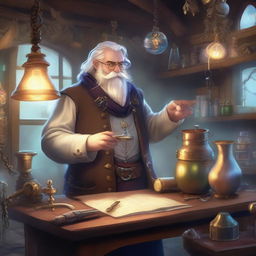 A fantasy inventor in a mystical workshop filled with magical artifacts, strange gadgets, and glowing potions