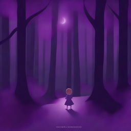 Create the cover of a storybook featuring the figure of a child standing in a dark purple forest