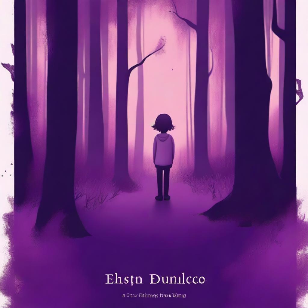 Create the cover of a storybook featuring the figure of a child standing in a dark purple forest