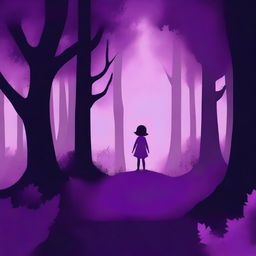 Create the cover of a storybook featuring the figure of a child standing in a dark purple forest