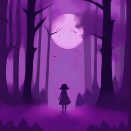 Create the cover of a storybook featuring the figure of a child standing in a dark purple forest