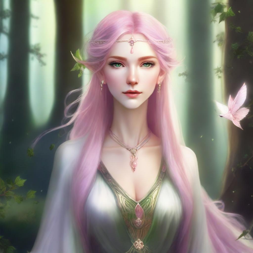 A high elf woman with pink hair and green eyes