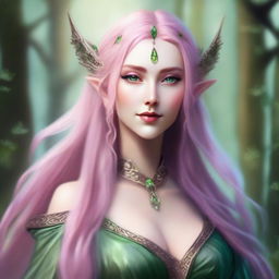 A high elf woman with pink hair and green eyes