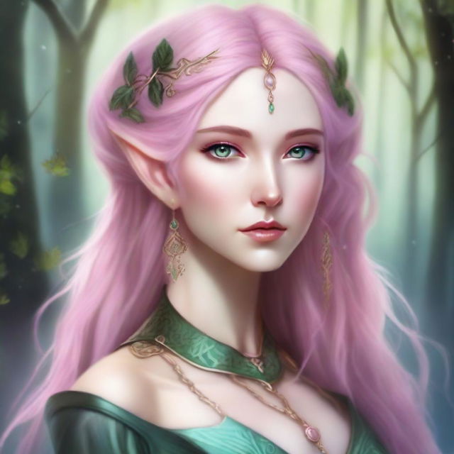 A high elf woman with pink hair and green eyes