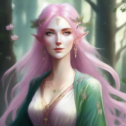 A high elf woman with pink hair and green eyes