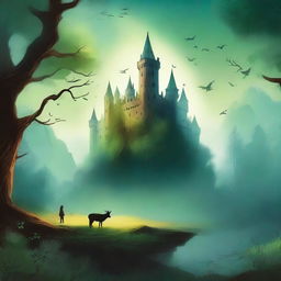 A captivating and artistic book cover featuring an enchanting forest with mystical creatures and a hidden ancient castle in the background