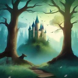 A captivating and artistic book cover featuring an enchanting forest with mystical creatures and a hidden ancient castle in the background