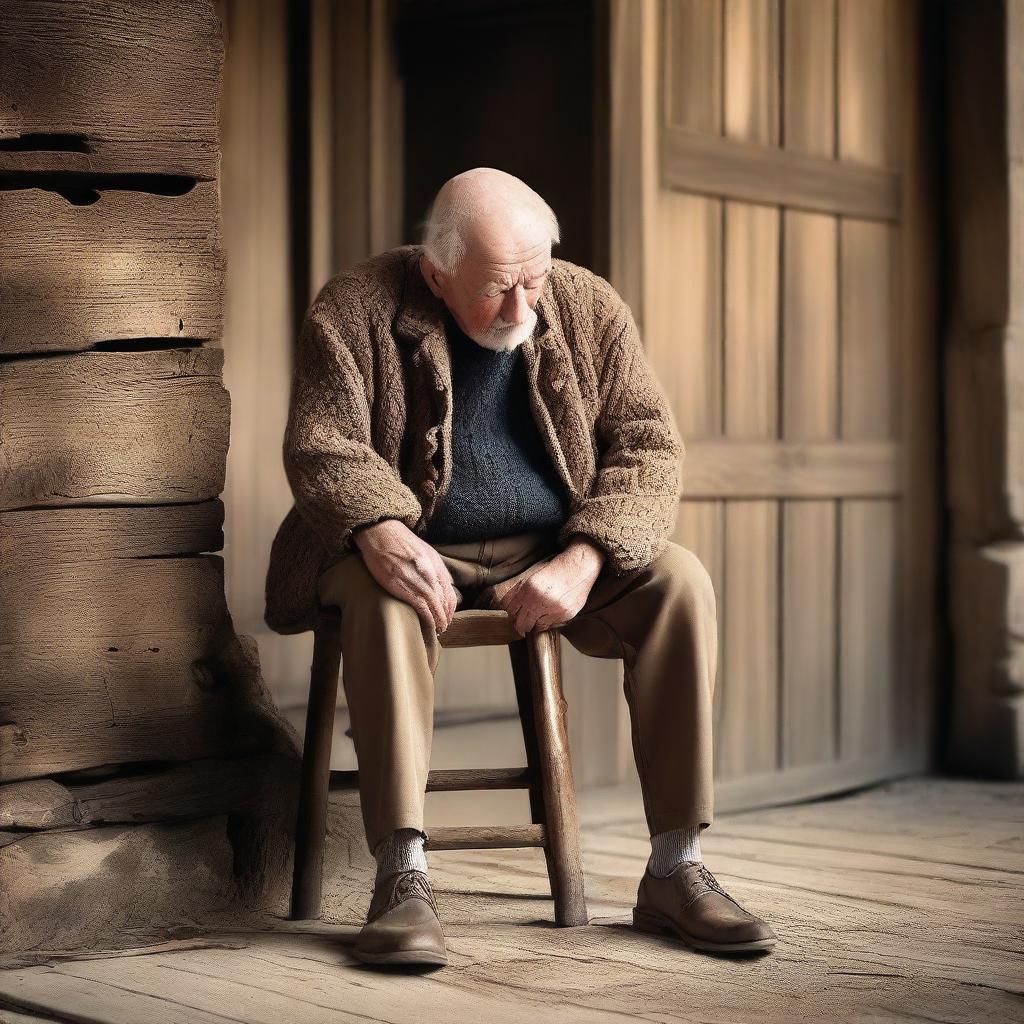 An old man sitting on a wooden chair, holding his crutch