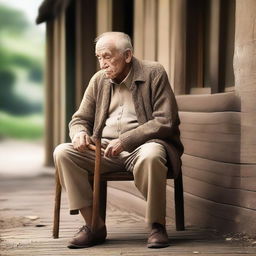 An old man sitting on a wooden chair, holding his crutch