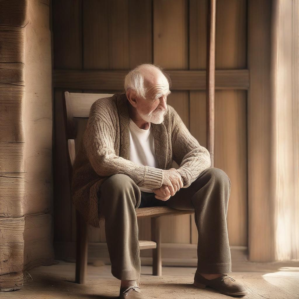 An old man sitting on a wooden chair, holding his crutch