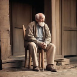 An old man sitting on a wooden chair, holding his crutch