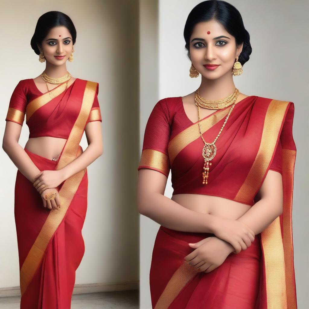 Create an image of a South Indian teacher with a traditional look, wearing a saree that slightly exposes the waist adorned with a chain