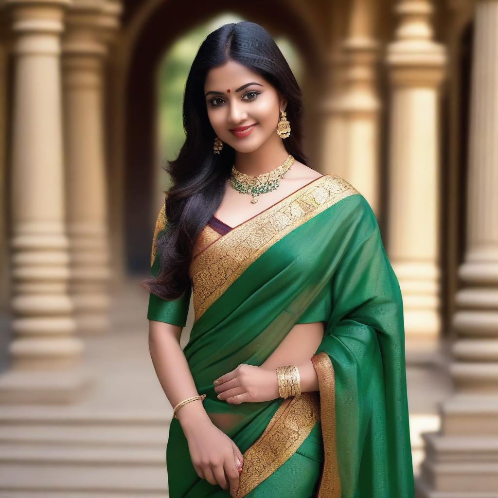 Create an image of a South Indian teacher with a traditional look, wearing a saree that slightly exposes the waist adorned with a chain