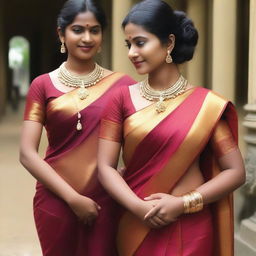 Create an image of a South Indian teacher with a traditional look, wearing a saree that slightly exposes the waist adorned with a chain