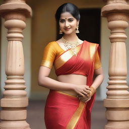 Create an image of a South Indian teacher with a traditional look, wearing a saree that slightly exposes the waist adorned with a chain