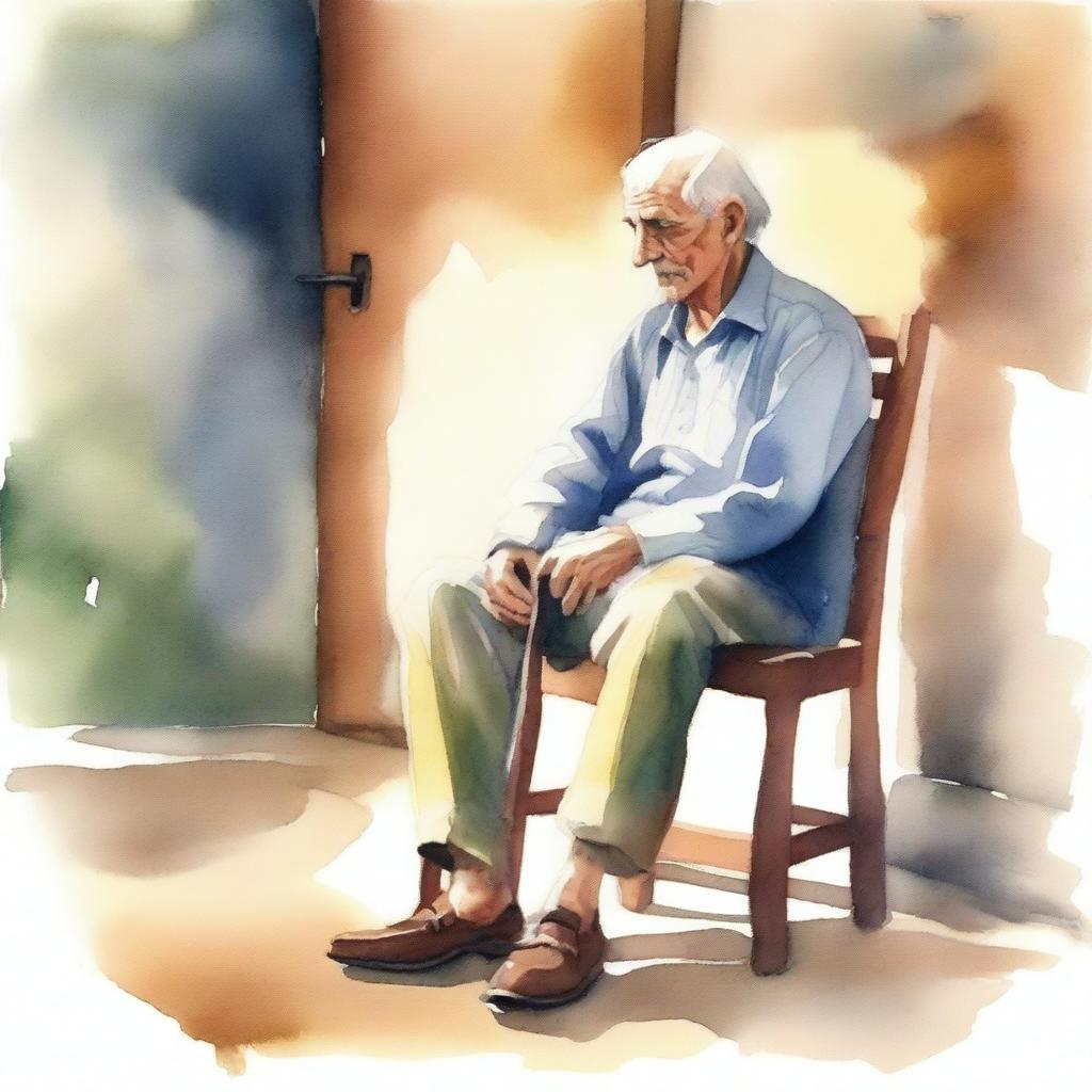 A watercolor painting of an old man sitting on a wooden chair, holding his crutch