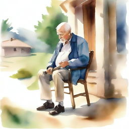 A watercolor painting of an old man sitting on a wooden chair, holding his crutch