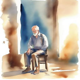 A watercolor painting of an old man sitting on a wooden chair, holding his crutch