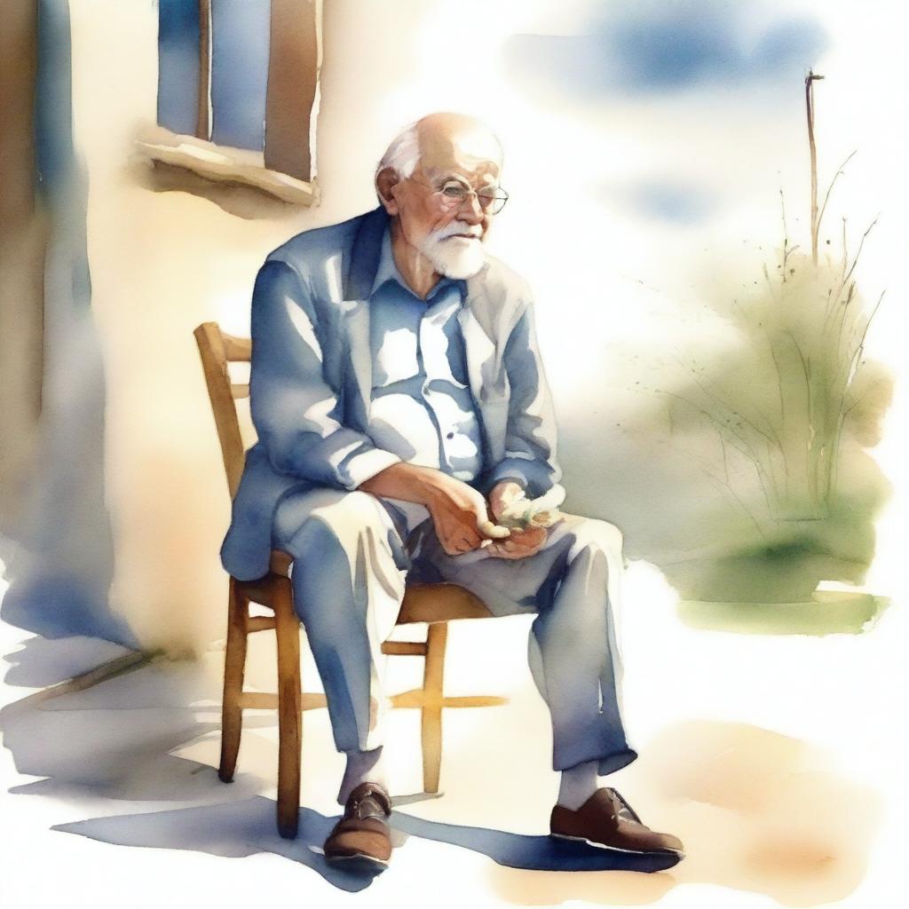 A watercolor painting of an old man sitting on a wooden chair, holding his crutch