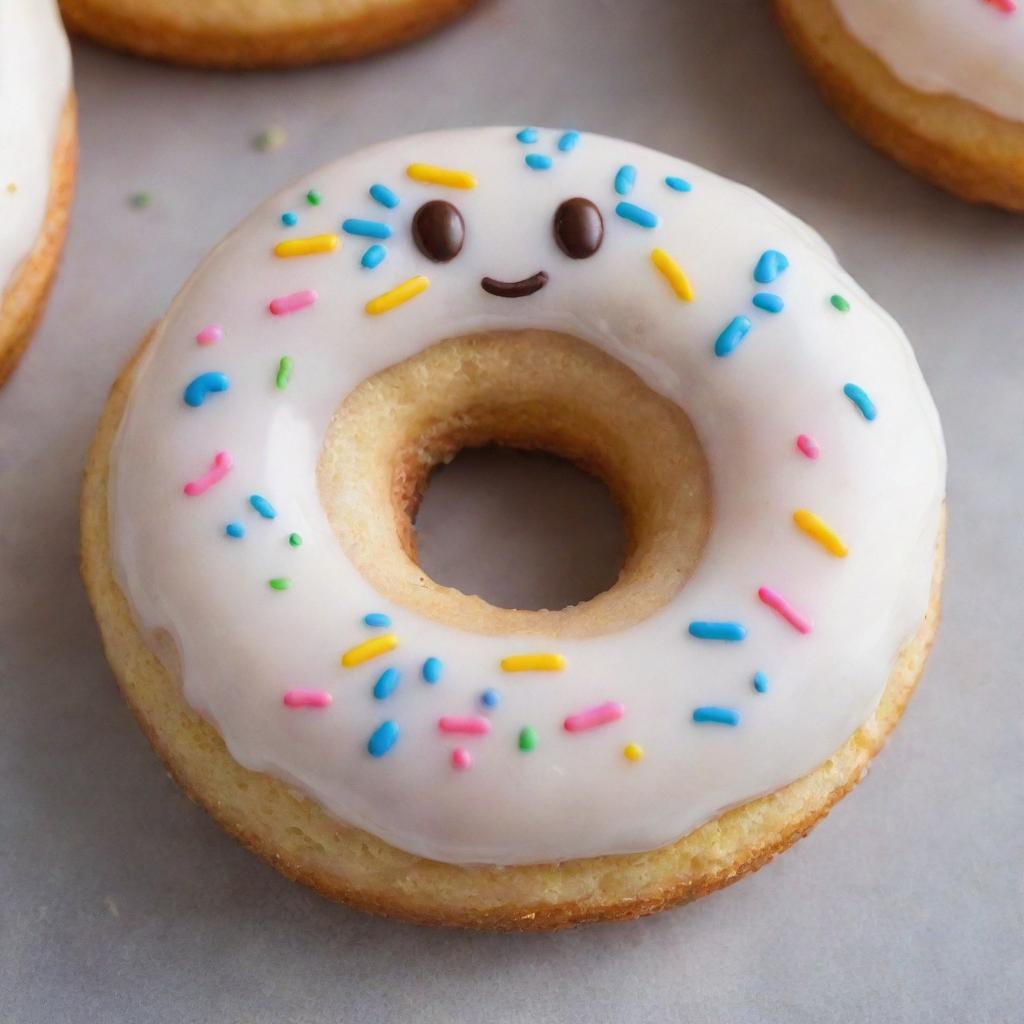 A delicious donut with a smiley face frosted on top. Nestled in its hole is a perfect cookie, creating a playful whimsical treat.