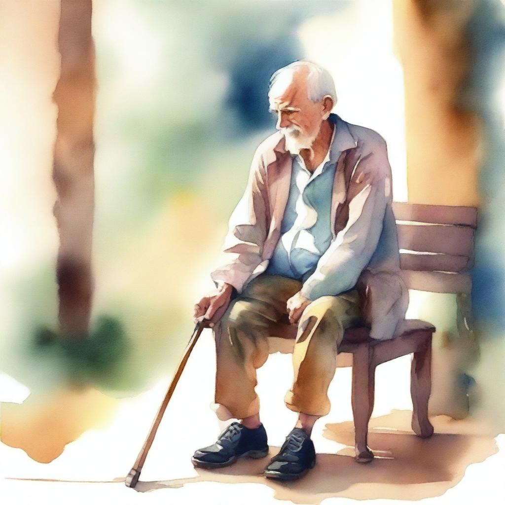 A watercolor painting of an old man sitting on a wooden chair, holding his crutch