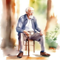 A watercolor painting of an old man sitting on a wooden chair, holding his crutch