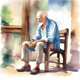 A watercolor painting of an old man sitting on a wooden chair, holding his crutch