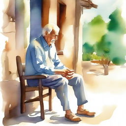 A watercolor painting of an old man sitting on a wooden chair, holding his crutch