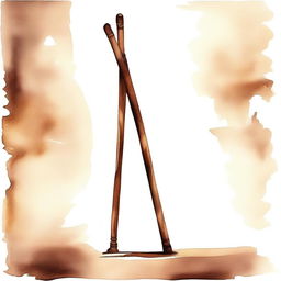 A watercolor painting featuring a wooden crutch in shades of brown