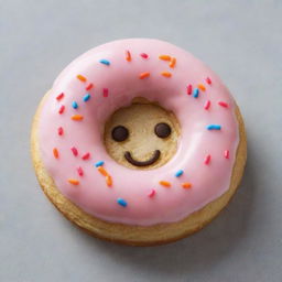 A delicious donut with a smiley face frosted on top. Nestled in its hole is a perfect cookie, creating a playful whimsical treat.