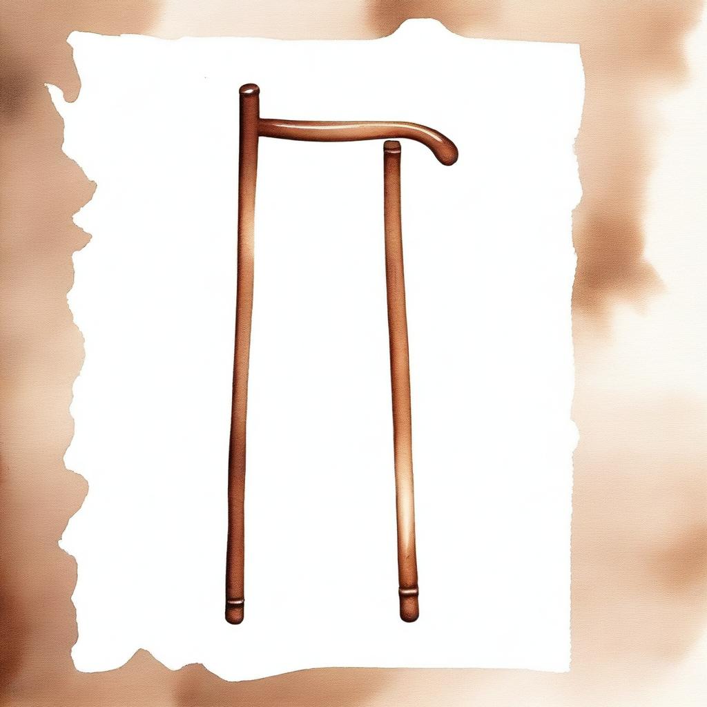 A watercolor painting featuring a wooden J-shaped crutch in shades of brown