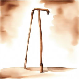 A watercolor painting featuring a wooden J-shaped crutch in shades of brown