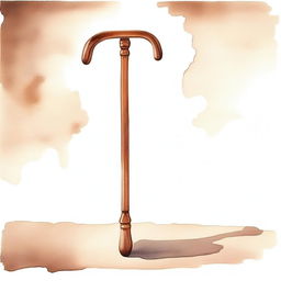 A watercolor painting featuring a wooden J-shaped crutch in shades of brown