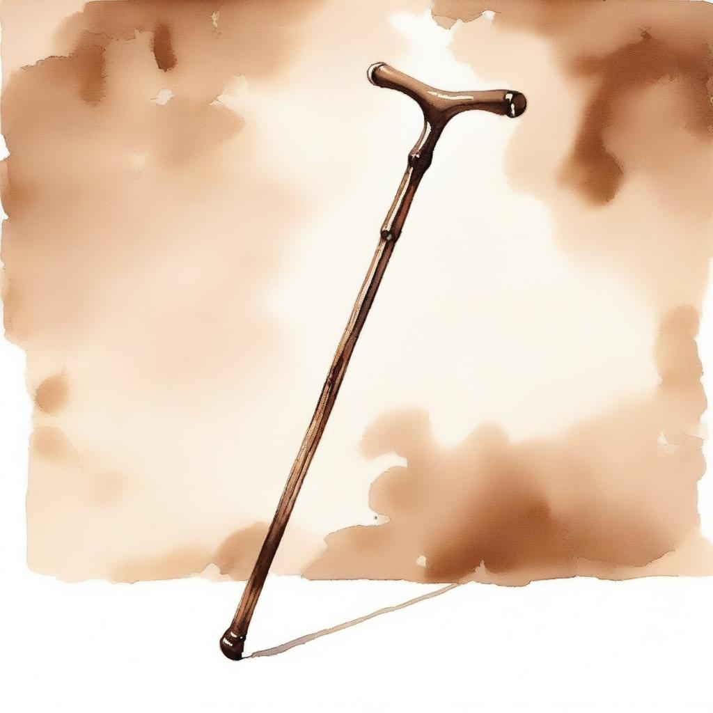 A watercolor painting featuring a wooden J-shaped crutch in shades of brown