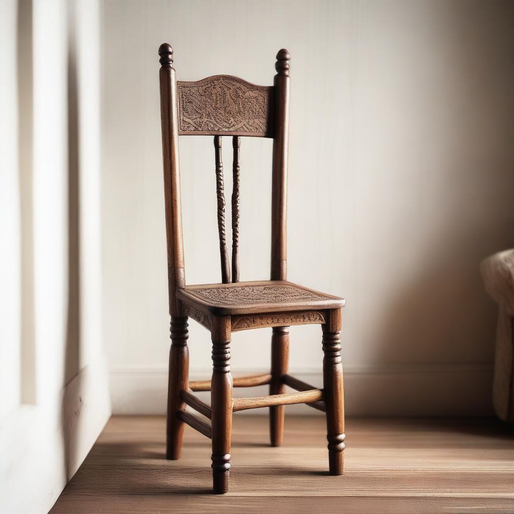 A detailed illustration of a wooden crutch leaning against a wooden chair