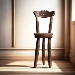 A detailed illustration of a wooden crutch leaning against a wooden chair