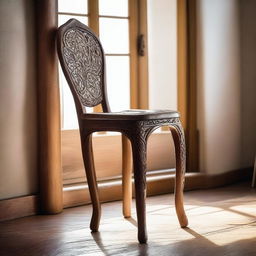 A detailed illustration of a wooden crutch leaning against a wooden chair