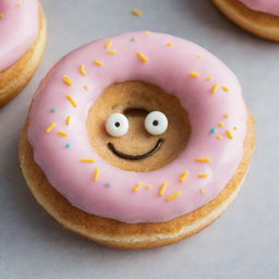 A delicious donut with a smiley face frosted on top. Nestled in its hole is a perfect cookie, creating a playful whimsical treat.