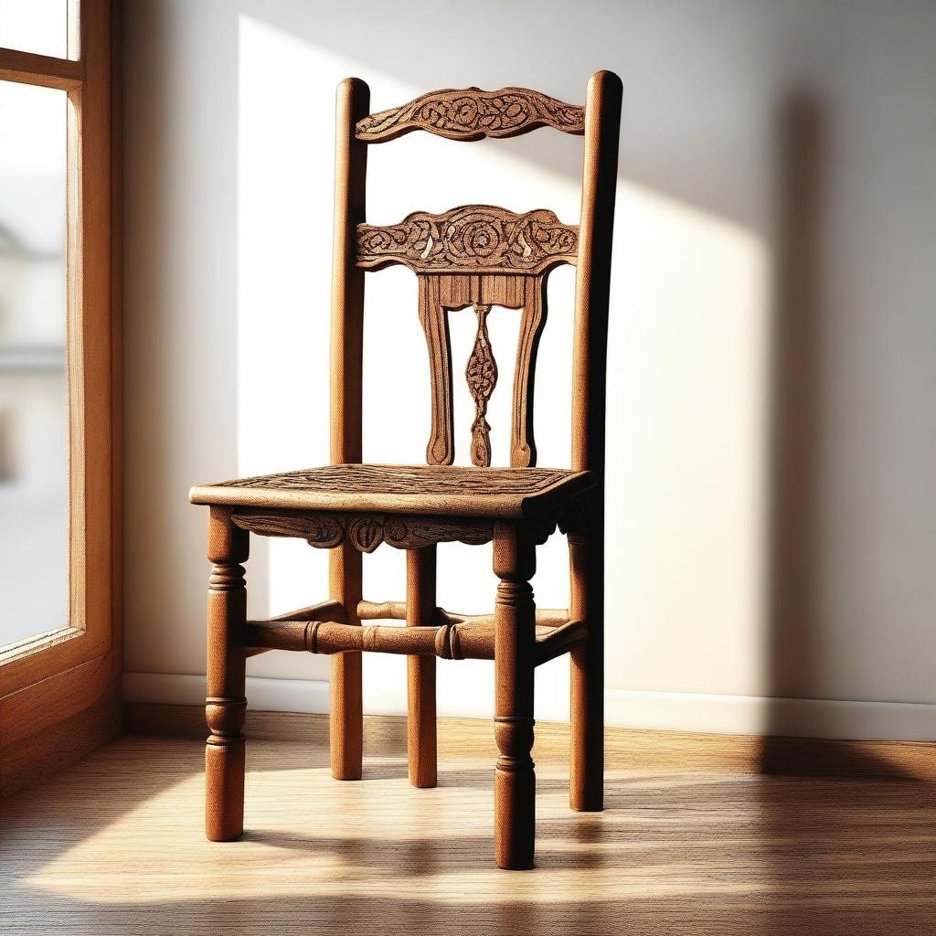 A detailed illustration of a wooden crutch leaning against a wooden chair